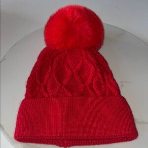 Norla Canada Wool Alpaca Blend Cable Knit Pom Pom Hat Red